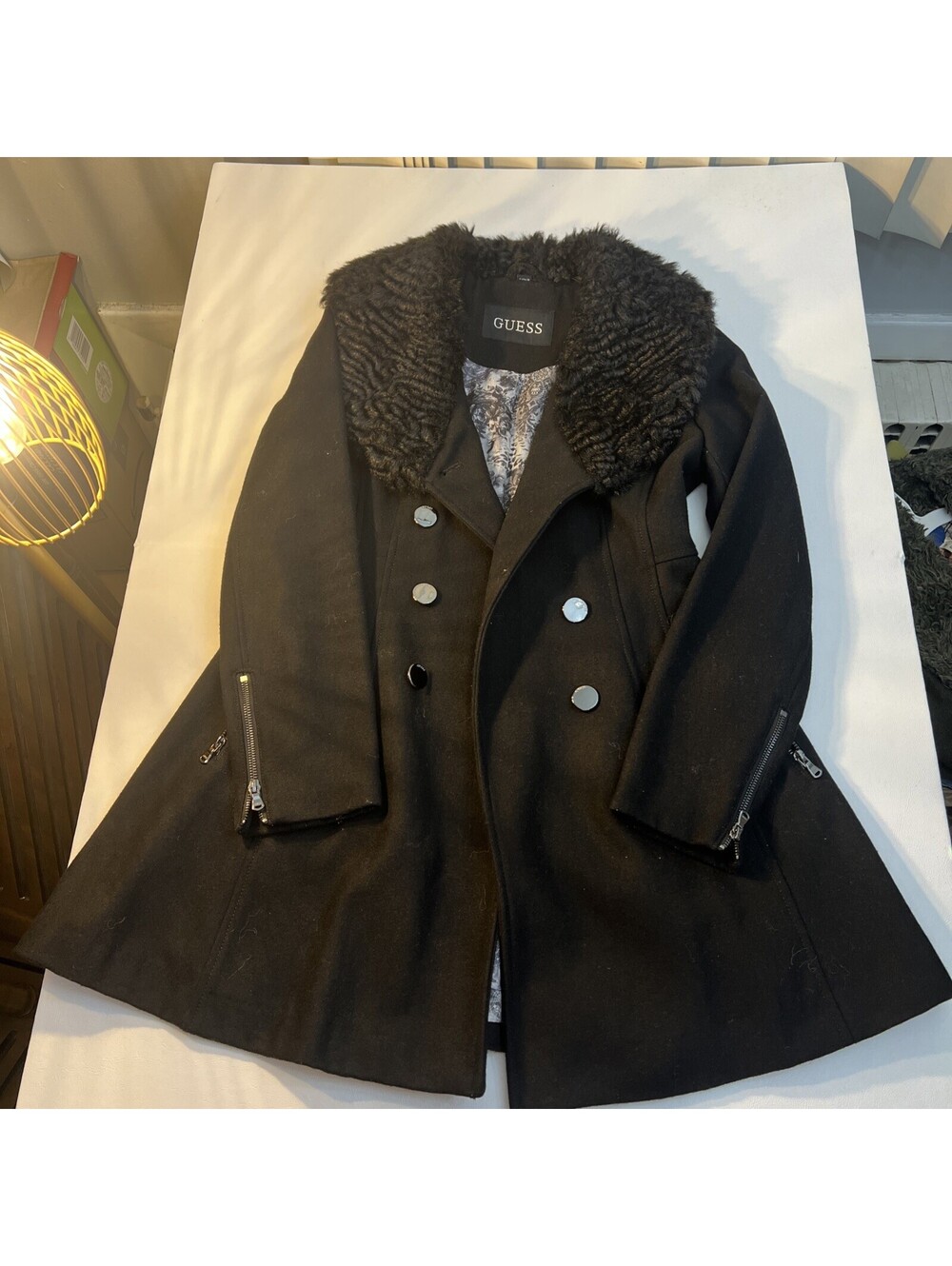 GUESS Faux Fur Collar Skirted Womens S Wool Coat Black Color Double-Breasted